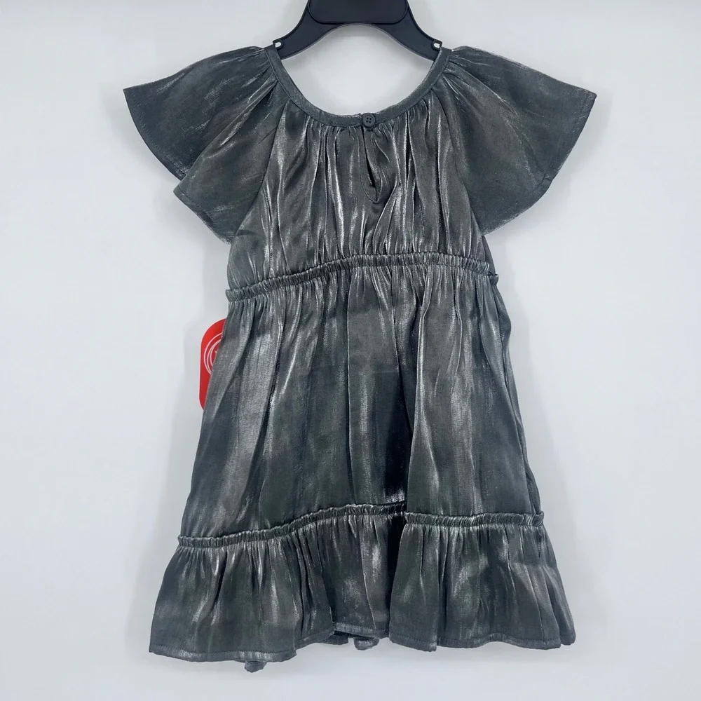 Gunmetal Silver Metallic Tiered Flutter Sleeve Dress Girls 3T Holiday Festive